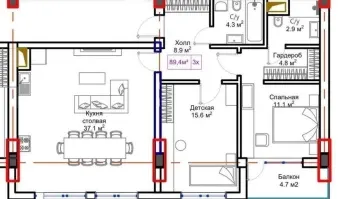 90 м², 3-комн. квартира, 11/11-1