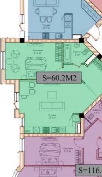 60 м², 3-комн. квартира, 2/13-1